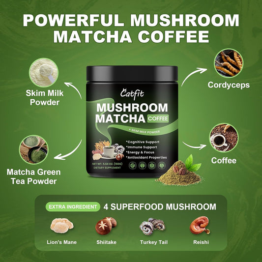 Mushroom Matcha Coffee - Matcha Green Tea Infused With 4 Superfood Mushrooms, Instant Coffee, Skim Milk - Great Tasting Mushroom Matcha For Focus & Energy, Non-Vegetarian - 5.64 Oz