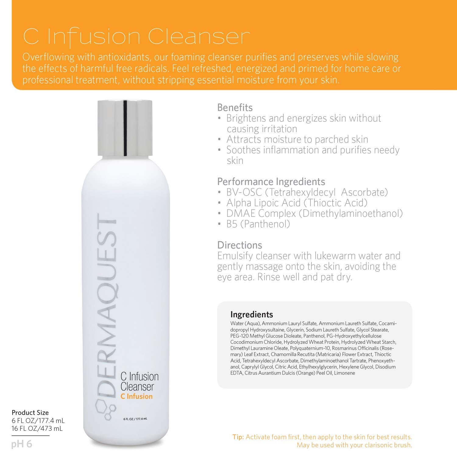 Dermaquest C Infusion Facial Cleanser - Vitamin C, Antioxidant, & Brightening Face Cleanser - Anti Aging Face Wash For Men & Women - For All Skin Types (6Oz) : Beauty & Personal Care