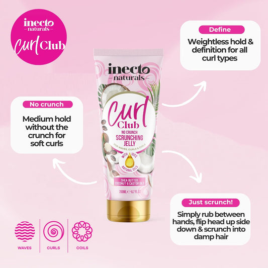 Inecto Naturals Curl Club No Crunch Scrunching Jelly 200Ml, Vegan & Cruelty Free Frizz Styling Curl Control Hair Gel For Curly Or Wavy Hair, 100% Natural