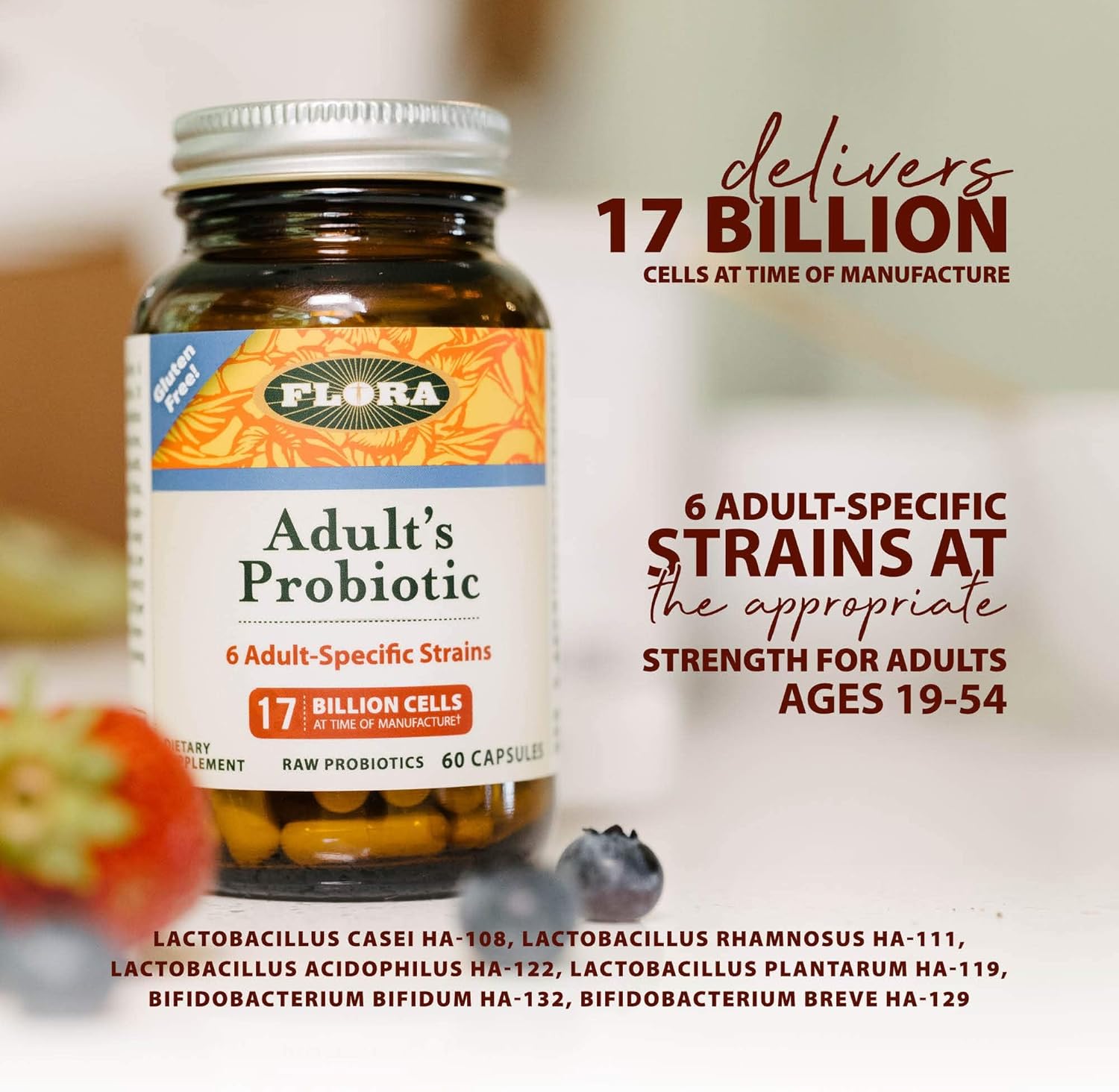 Flora - Adult'S Probiotic Blend, Six Adult-Specific Strains, Gluten Free, Raw Probiotic With 17 Billion Cells, 120 Vegetarian Capsules : Health & Household