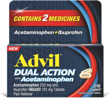 Advil Dual Action Coated Caplets with Acetaminophen and Ibuprofen for 8 Hour Pain Relief, 216 Caplets