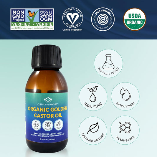 Queen Of The Thrones Organic Golden Castor Oil - 100Ml (3.38Oz) | 100% Pure & Expeller-Pressed For Hair, Skin & Nails | Hexane Free | Usda Certified