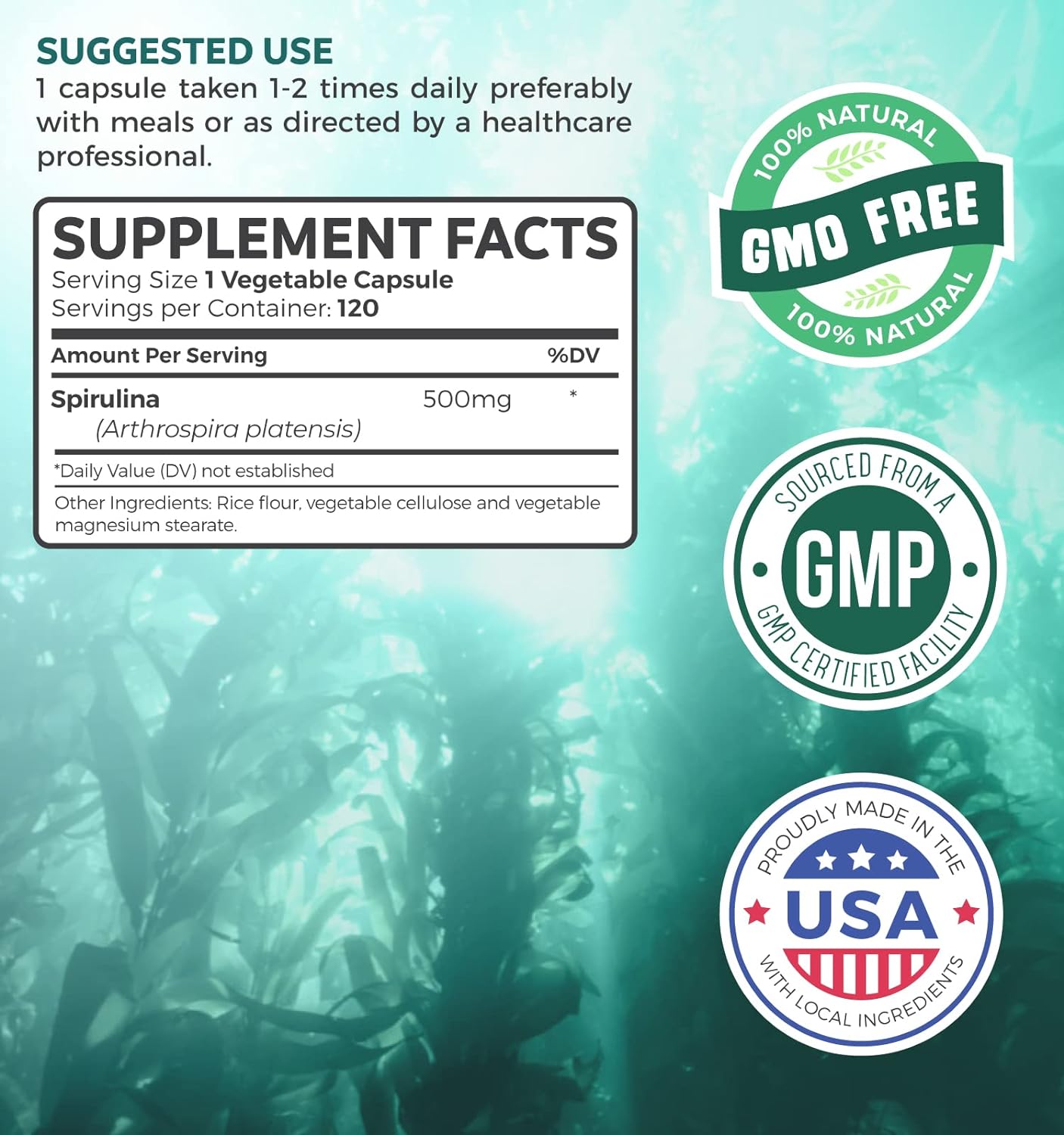 Healths Harmony Spirulina Capsules (Non-GMO) 120 Vegetarian Capsules 500mg - Grown in Hawaii USA - Blue Green Algae Vegan Superfood from Spirulina Powder - Gluten Free & Non-Irradiated - No Tablets : Health & Household
