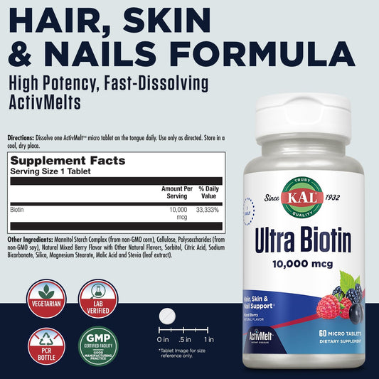 KAL Ultra Biotin 10000mcg ActivMelt, Hair Growth Supplement, High Potency Vitamin B7 for Healthy Hair, Skin, Nails and Energy Support, Vegetarian, Natural Mixed Berry Flavor, 60 Serv, 60 Micro Tablets