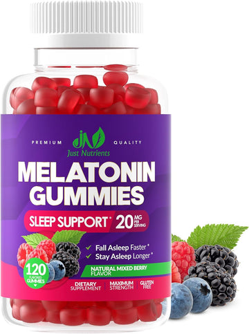 Melatonin 20mg Gummies for Adults (120 Count) - Maximum Strength Sleep Gummies with 10mg of Melatonin Per Gummy - Gluten-Free, Non-GMO, Vegetarian, Great Tasting Mixed Berry Flavor - 60 Servings