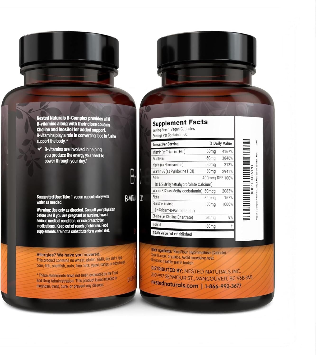 Nested Naturals B-Complex B Vitamins Plus Choline & Inositol | B Vitamins Complex B1, B2, B3, B5, B6, B7, B9 Supplement with Pure Methyl Vitamin B 12 | Energy & Immunity Support | 60 Vegan Capsules : Health & Household