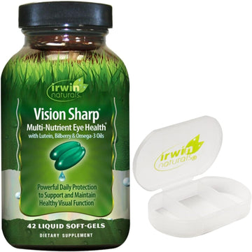 Irwin Naturals Vision Sharp Multi-Nutrient Eye Health Supplement, 42 Liquid Softgels Bundle With A Pill Case