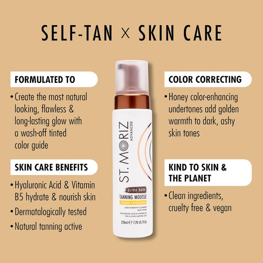 St Moriz Advanced Colour Correcting Tanning Mousse In Ultra Dark | With Hyaluronic Acid, Vitamin B5 & Advanced Skin Care Benefits | Adds Warmth To Deep Skin Tones | Fast-Drying Vegan Fake Tan | 200Ml