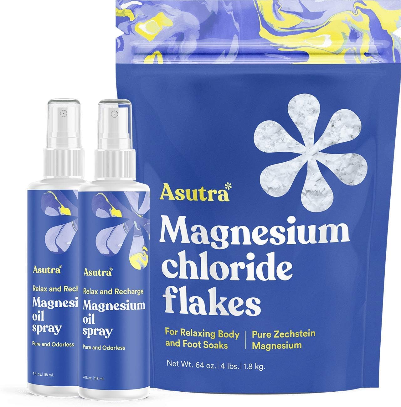 ASUTRA Value Bundle of Topical Magnesium Chloride Oil Sprays (8 oz Total) + Magnesium Chloride Bath Flakes (4lbs Total) | Pure Zechstein