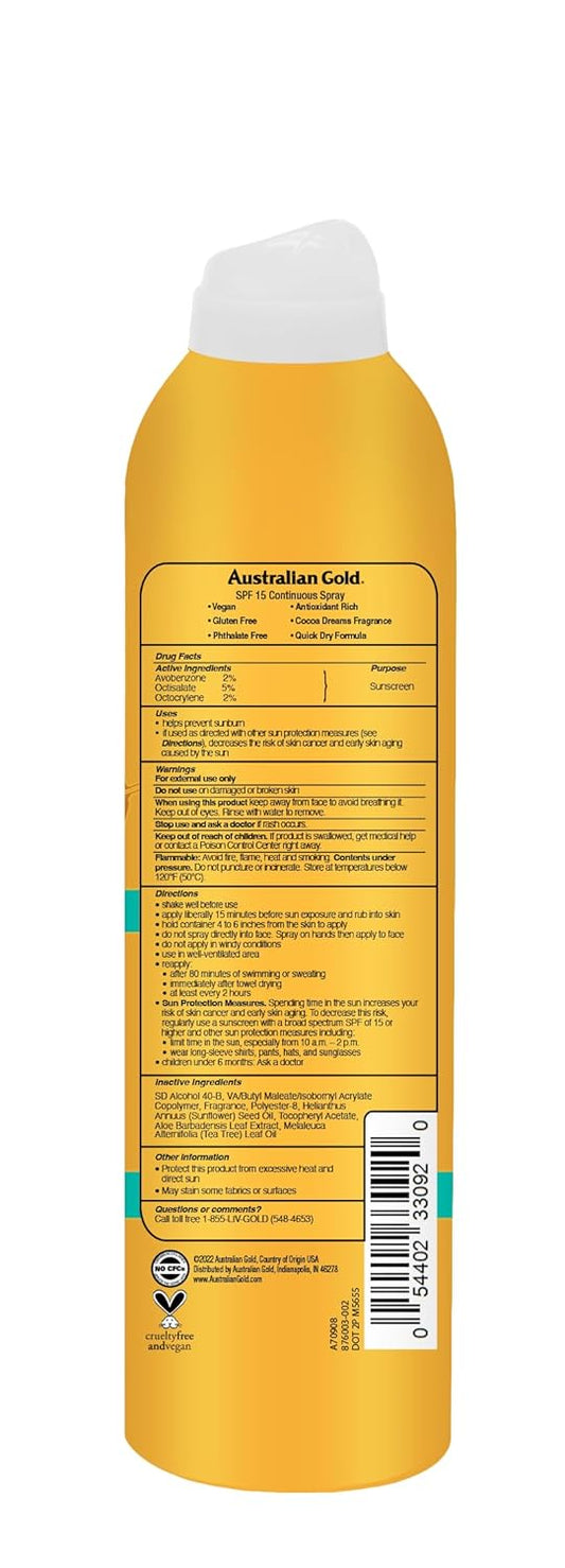 Australian Gold Continuous Spray Sunscreen Spf 30, 6 Ounce Dries Fast Broad Spectrum Water Resistant Non-Greasy Oxybenzone Free Cruelty Free