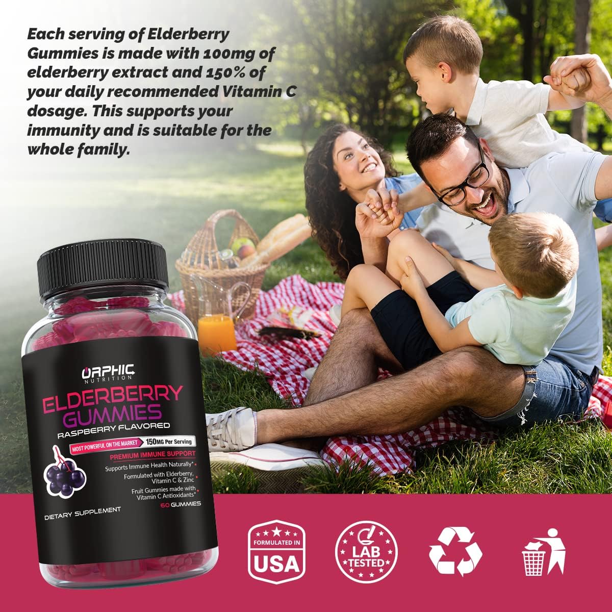 ORPHIC NUTRITION Elderberry Gummies with Vitamin C and Zinc - 60 Count - Immune Support Supplement for Men, Women and Kids* - Elderberry Vitamins made with Vitamin C - 100MG of Elderberry : Health & Household