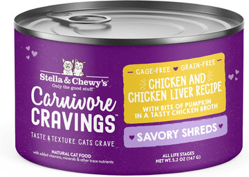 Stella & Chewy'S Carnivore Cravings Savory Shreds Cans – Grain Free, Protein Rich Wet Cat Food – Cage-Free Chicken & Chicken Liver Recipe – (5.2 Ounce Cans, Case Of 24)