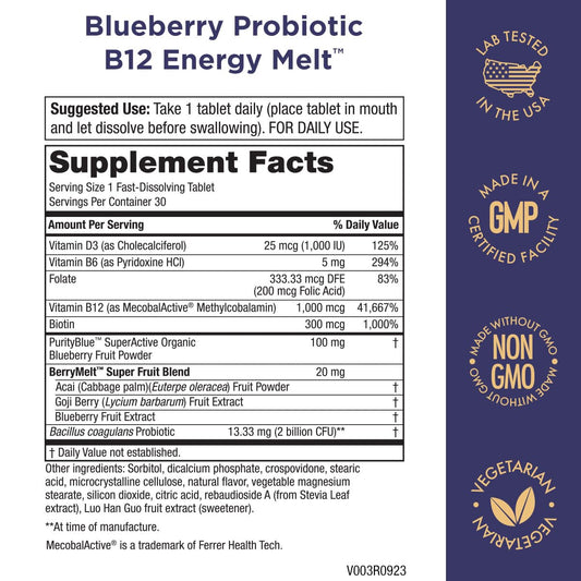 Purity Products Blueberry Probiotic B12 Energy Melt ProDura Clinical Probiotic - Organic Blueberries, Methylcobalamin B-12-30 Melts