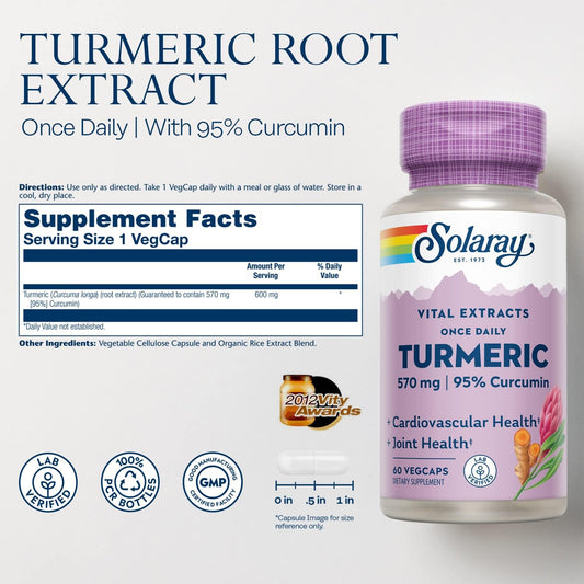 Solaray Turmeric Root Extract 600Mg | One Daily | Healthy Joints, Cardiovascular System Support | Guaranteed Potency | 60 Vegcaps