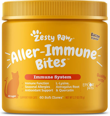 Zesty Paws Cat Allergy Relief - Anti Itch Supplement - Omega 3 Probiotics - Salmon Oil Digestive Health - Soft Chews For Skin & Seasonal Allergies - With Epicor Pets - Bacon - 60 Count