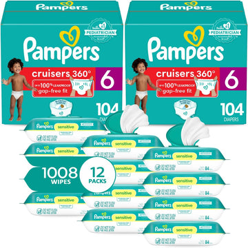 Pampers Pull On Cruisers 360° Fit Disposable Baby Diapers Size 6, 2 Months Supply (2 X 104 Count) With Sensitive Water Based Baby Wipes 12X Multi Pack Pop-Top And Refill (1008 Count)