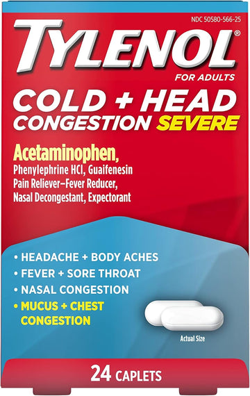 Tylenol Cold + Head Congestion Severe Medicine Caplets For Fever, Pain, And Congestion, Acetaminophen Pain Reliever, Fever Reducer, 24 Count