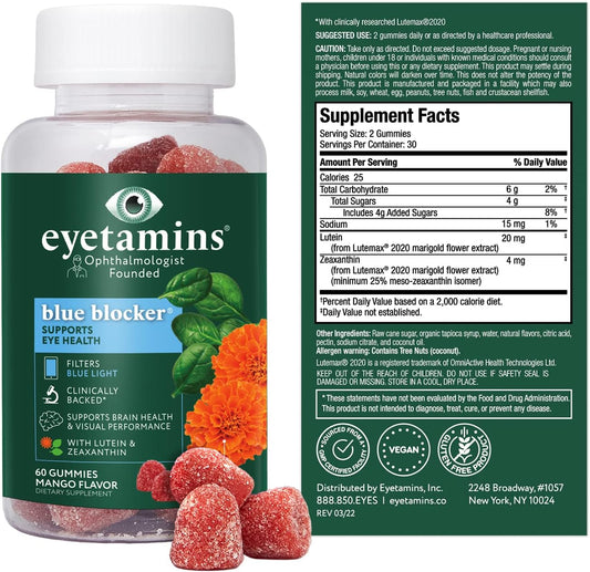 Blue Blocker® Eye Health - 60 Lutein Gummies - Ophthalmologist-Developed - Support Vision, Filter Blue Light & Help Eye Strain - Promotes Sleep, Focus Eyesight – Vegan & Non-Gmo Formula