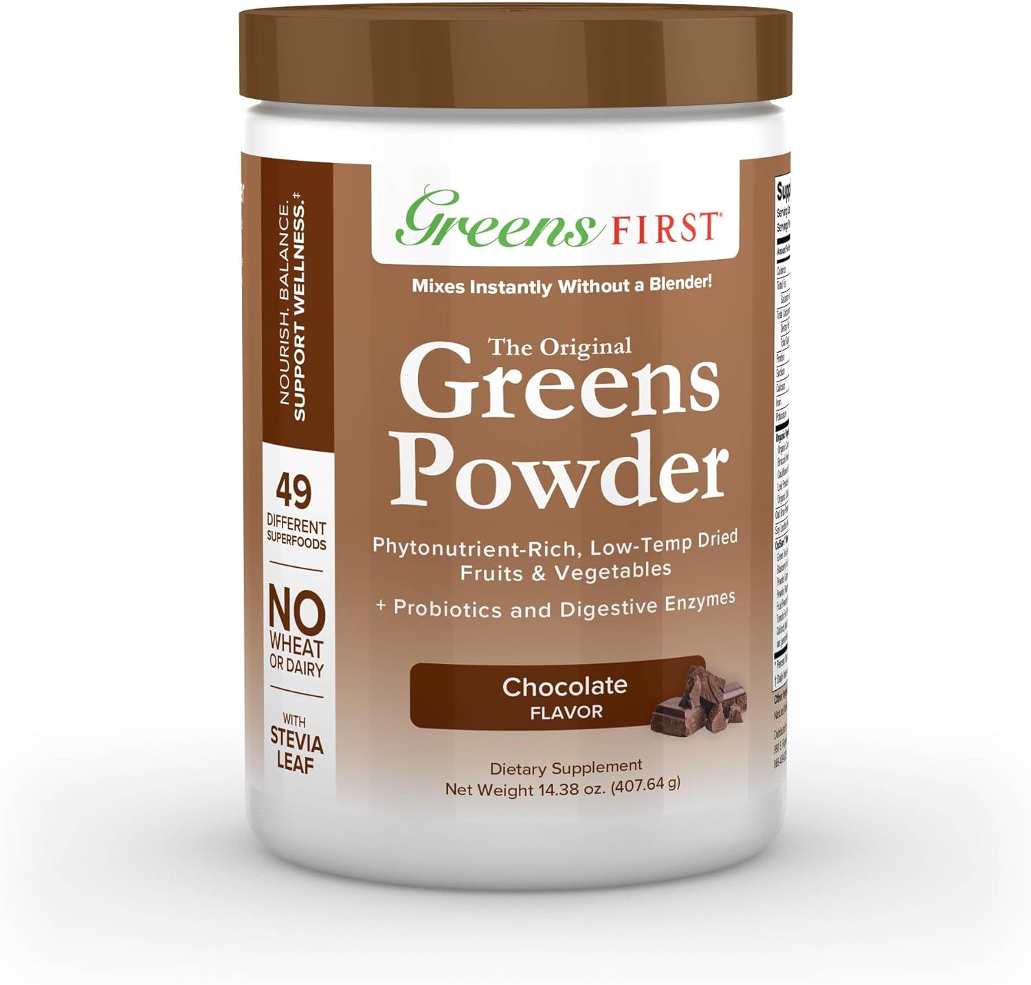 Greens First - Chocolate - 30 Servings - Greens Powder Superfood, 49 Superfoods, 15+ Organic Fruit & Vegetables, Antioxidant Smoothie Mix Supplement, Dairy Free, Vegan & Non-GMO - 14.38 oz