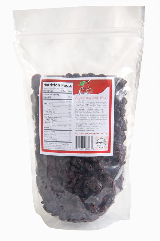 Relative Foods Dried Tart Cherries Sweetened. Dried Montmorency Tart Cherries Packaged In 2 Pound Resealable Bags. Michigan Cherries Grown And Dried In Michigan