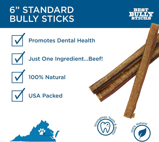 Best Bully Sticks 6 Inch All-Natural Bully Sticks For Dogs - 6” Fully Digestible, 100% Grass-Fed Beef, Grain And Rawhide Free | 25 Pack