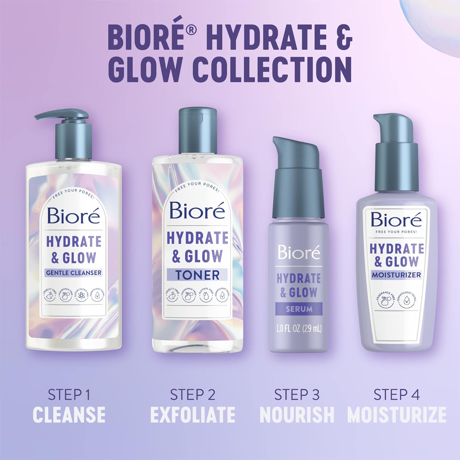 Bioré Hydrate & Glow Face Serum for Dry, Sensitive Skin with Hyaluronic Acid, Coconut Water and Prebiotics, Dermatologist Tested Face Serum, Fragrance Free, Not Tested on Animals, 1 oz Bottle : Beauty & Personal Care