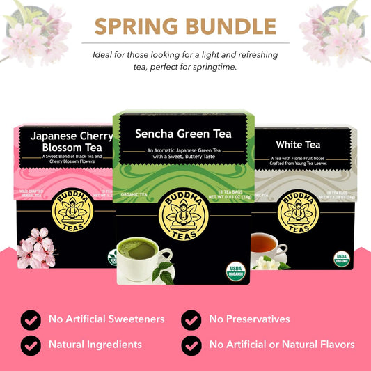 Buddha Teas - Organic Spring Tea Bundle - With Sencha Green Tea, White Tea & Japanese Cherry Blossom Tea - Antioxidants & Minerals - Light & Refreshing - Clean Ingredients - Ou Kosher & Non-Gmo - Pack Of 3