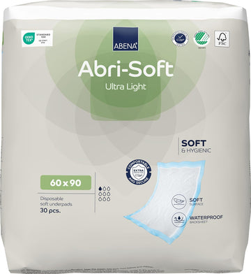 ABENA Abri-Soft Ultra Light Disposable Incontinence Bed Pads, Eco-Friendly Incontinence Underpads, Leak Protection, Soft & Secure Bed Protectors For Incontinence - 60x90cm, 800ml, 30PK