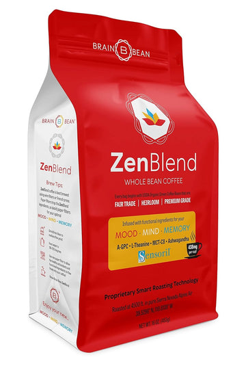 Brain Bean Zen-Blend Coffee | With Caprylic Acid Mct (C-8), A-Gpc, L-Theanine, And Ashwagandha Extract | Organic Whole Bean Medium Roast 16 Oz