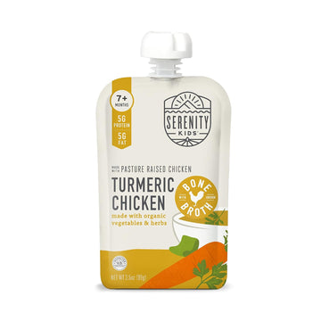 Serenity Kids Bone Broth Puree Made With Organic Veggies | Clean Label Project Purity Award Certified | 3.5 Ounce Bpa-Free Pouch | Pasture Raised Turmeric Chicken | 12 Count