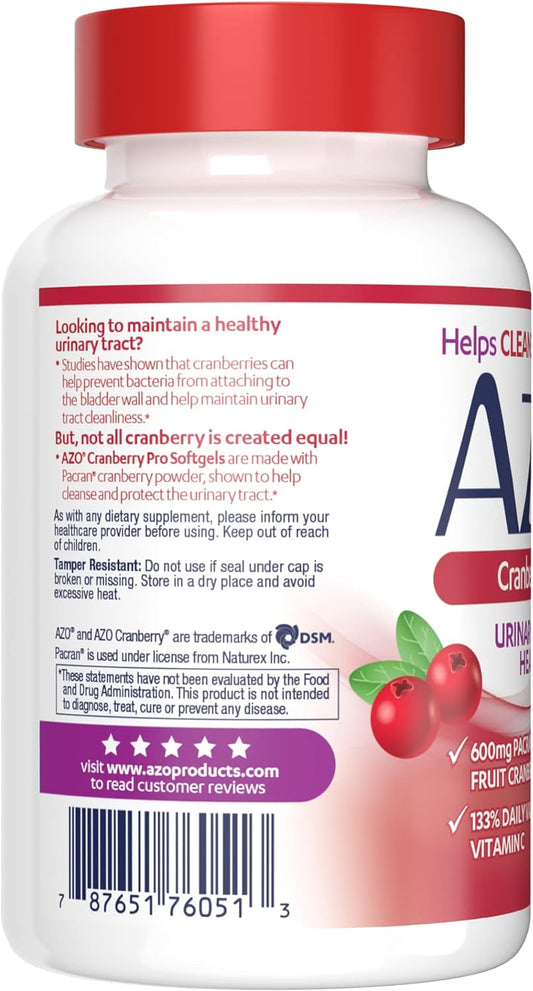 AZO Cranberry Pro Urinary Tract Health Supplement 600mg PACRAN, 1 Serving = 1 Glass of Cranberry Juice, Sugar Free Cranberry Pills, Non-GMO 100 Softgels