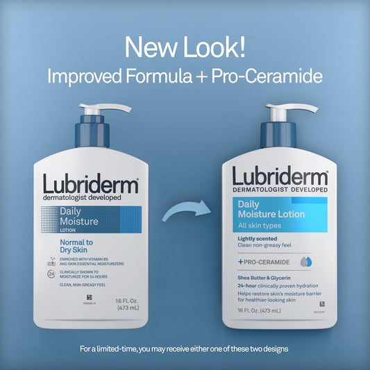 Lubriderm Daily Moisture Lotion + Pro-Ceramide With Shea Butter & Glycerin Helps Moisturize Dry Skin, Hydrating Face, Hand & Body Lotion Is Lightly Scented & Non-Greasy, 16 Fl. Oz (Pack Of 6)