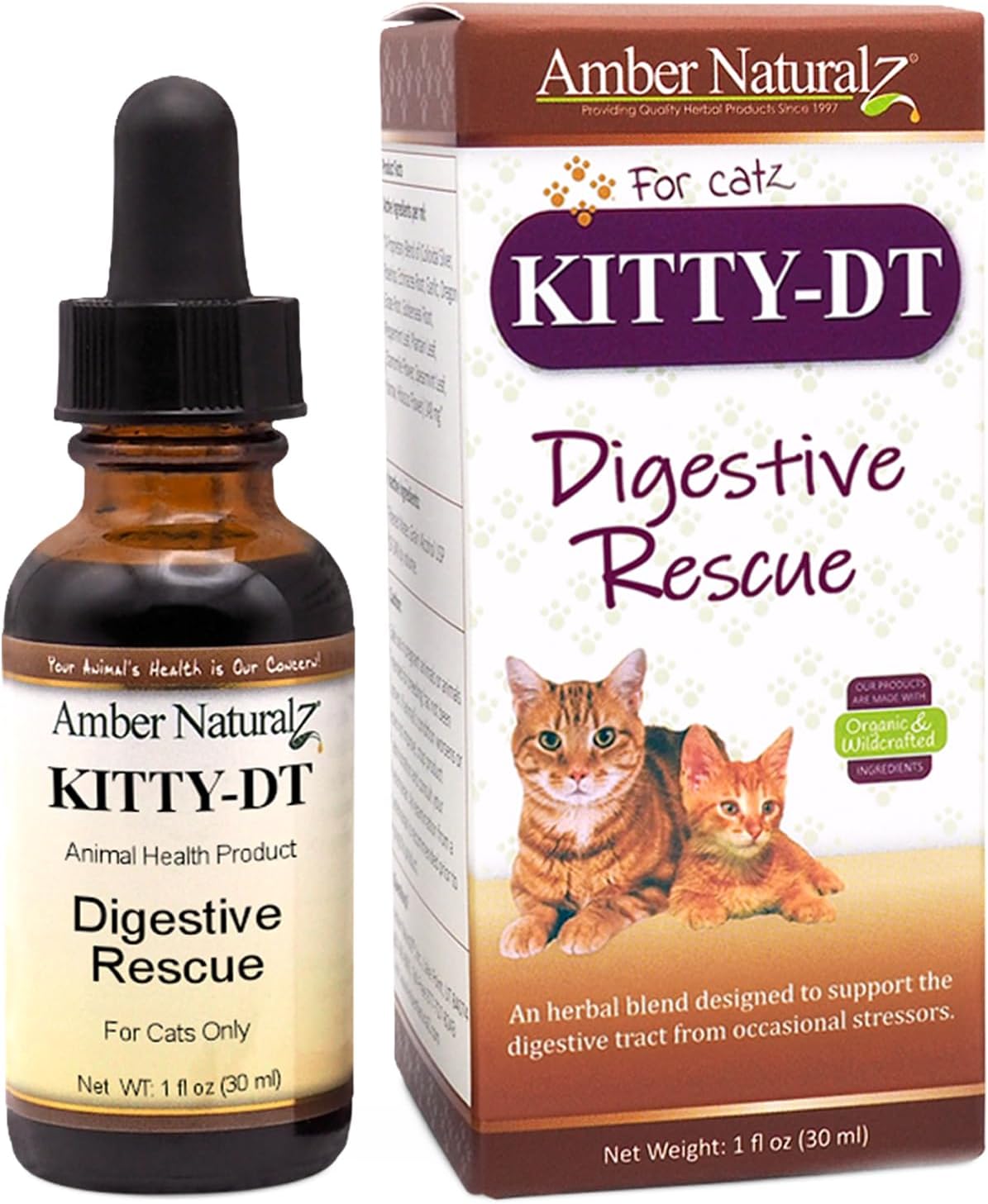 Amber Naturalz Kitty-Dt Digestive Rescue Herbal Supplement For Cats | Feline Herbal Supplement For Occasional Upset And Digestive Support | 1 Fluid Ounce Glass Bottle | Manufactured In The Usa