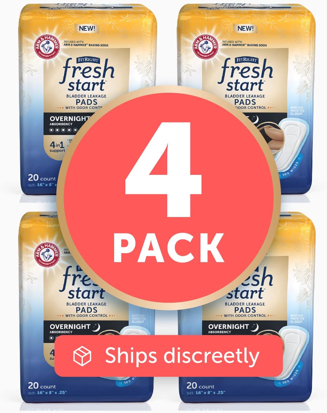 FitRight Fresh Start Postpartum and Incontinence Pads for Women, Overnight Absorbency (80 Count) Bladder Leakage Pads with The Odor-Control Power of ARM & HAMMER (20 Count, Pack of 4) : Health & Household