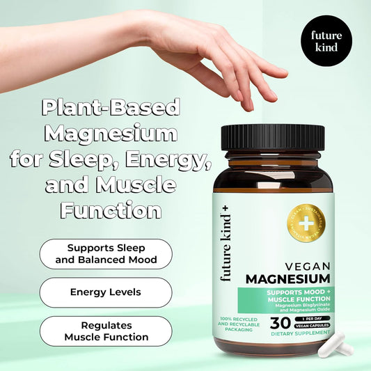 Future Kind Vegan Chelated Magnesium Supplement - (30 ct) Most Bioavailable & 6x More Potent Magnesium Capsules - Plant-Derived Magnesium for Sleep, Magnesium Pills for Rest, Energy & Muscle Functions