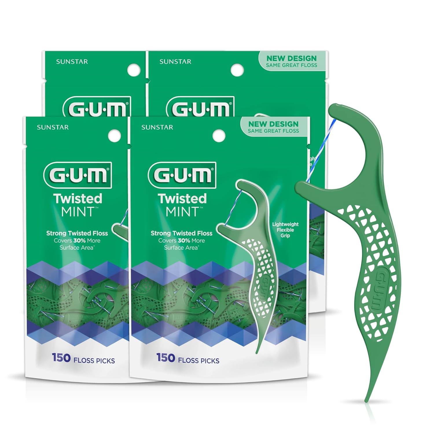 Gum Twisted Mint Floss Picks - Twisted Threads, Shred-Resistant Floss, Easy Grip Handle, 90 Count