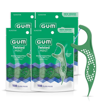 Gum Twisted Mint Floss Picks - Twisted Threads, Shred-Resistant Floss, Easy Grip Handle, 90 Count