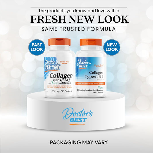 Doctor'S Best Collagen Types 1 & 3 With Vitamin C, Non-Gmo, Gluten Free, Soy Free, Supports Hair, Skin, Nails, Tendons & Bones, 500 Mg, 240 Caps (Drb-00263)
