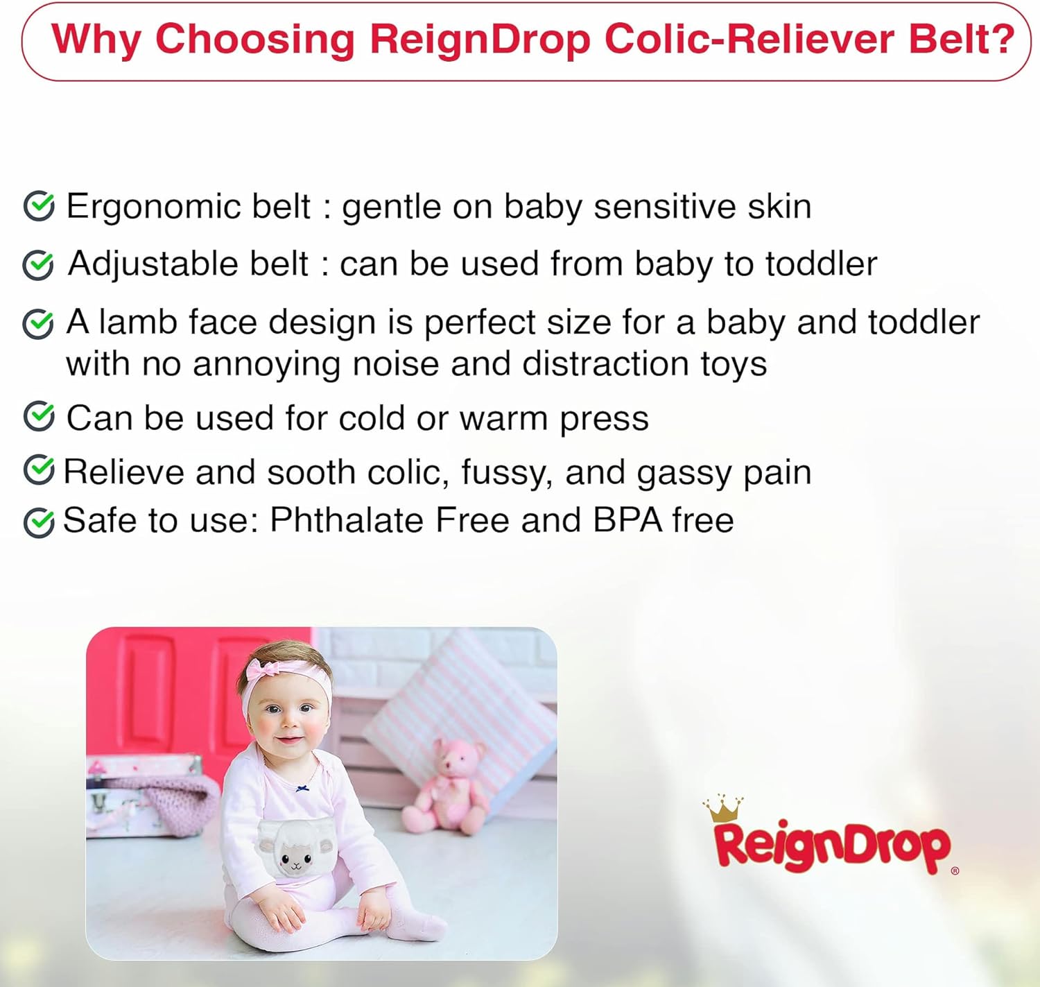 ReignDrop Colic Relief for Newborns – Gas Relief Set with Belly Band, Gel Pack, Storage Bag – Soothing Calming Warm or Cold Compression Baby Belly Belt (Lamb Gel Pack) : Baby