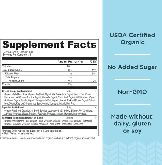 Ancient Nutrition Organic Supergreens Powder With Probiotics, Peppermint, Made From Real Fruits & Vegetables, Digestive & Energy Support, 25 Servings