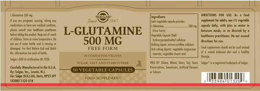 Solgar L-Glutamine 500 mg Vegetable Capsules - Pack of 50 - Fuel For Muscles - Supports An Active Healthy Lifestyle - Vegan and Gluten Free