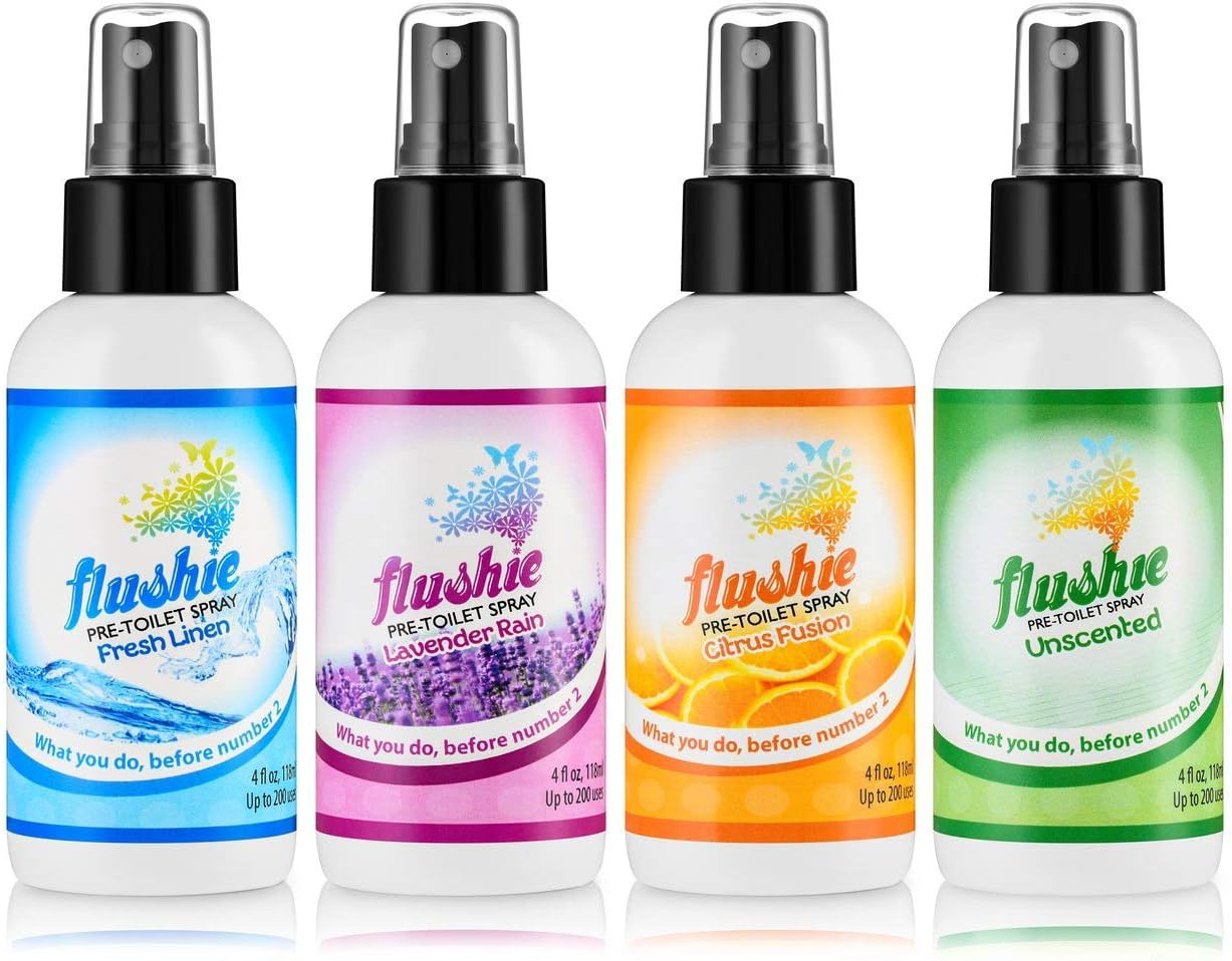 Flushie Pre-Toilet Spray for Poop Travel Size Toiletries Bathroom Spray for Poop Spray for Toilet Deodorizer Traveling Essentials Poop deodorizer Poop Odor eliminator 4oz (Assorted Mix, 4 Pack)