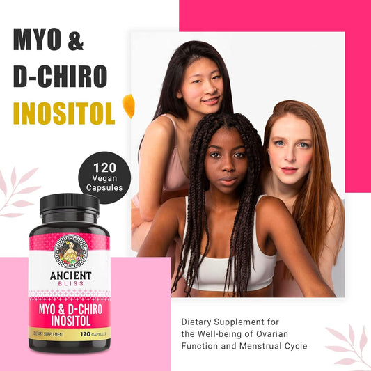 Ancient Bliss Myo & D-Chiro Inositol Supplement, 40 to 1 Ratio, Helps in Ovarian Function Support for Women, Vitamin B8 Helps to Regulate Menstrual Cycle, 2050mg per Serving, 120 Vegan Capsules