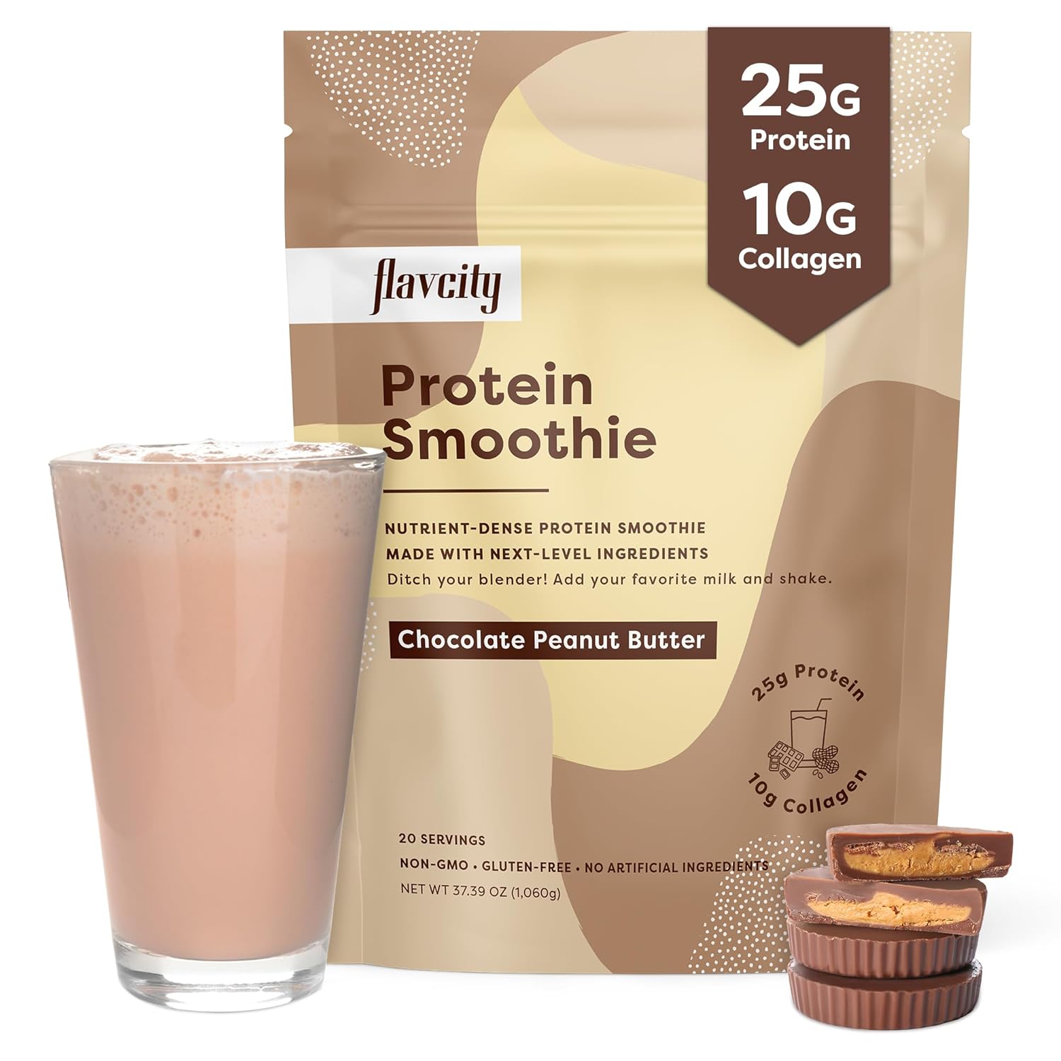 FlavCity Protein Powder Smoothie, Chocolate Peanut Butter - 100% Grass-Fed Whey Protein Smoothie with Collagen (25g of Protein) - Gluten Free & No Added Sugars (37.39 oz)