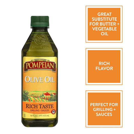 Pompeian Rich Taste Olive Oil, Full Flavor, Perfect For Grilling & Sauces, Naturally Gluten Free, Non-Allergenic, Non-Gmo, 16 Fl. Oz