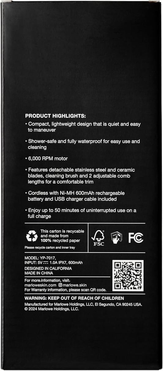 Marlowe. No. 069 Hair Trimmer For Men, Signature Body Hair Trimmer, Lightweight, Waterproof Personal Groomer With Detachable Stainless Steel & Ceramic Blades, Rechargeable Battery