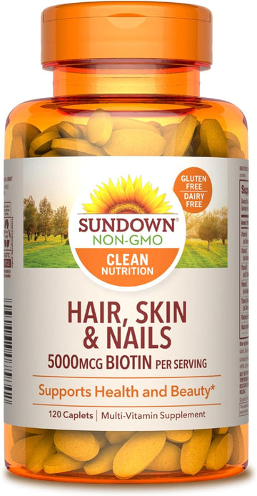 Sundown Hair, Skin and Nails, Biotin 5000 mcg, 17 Essential Nutrients to Support Health and Beauty, 120 Caplets