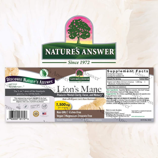 Nature's Answer Lions Mane Mushroom Powder 1500 mg 90-Capsules | Brain Mushroom Supplement | Promotes Focus, Memory, Mental Clarity | Vegan, Non-GMO | Single Count