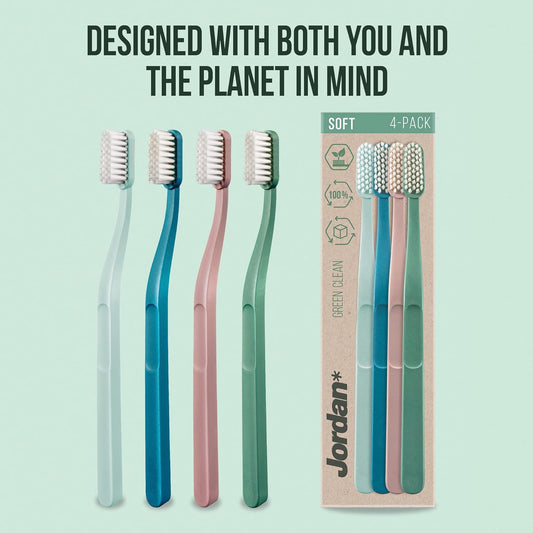 Jordan ® | Green Clean Manual Toothbrush | Award Winning Sustainable Toothbrush Made From Recycled Materials | Eco-Friendly | Scandinavian Design | Soft Bristles | Mixed Colour | Pack 4 Units