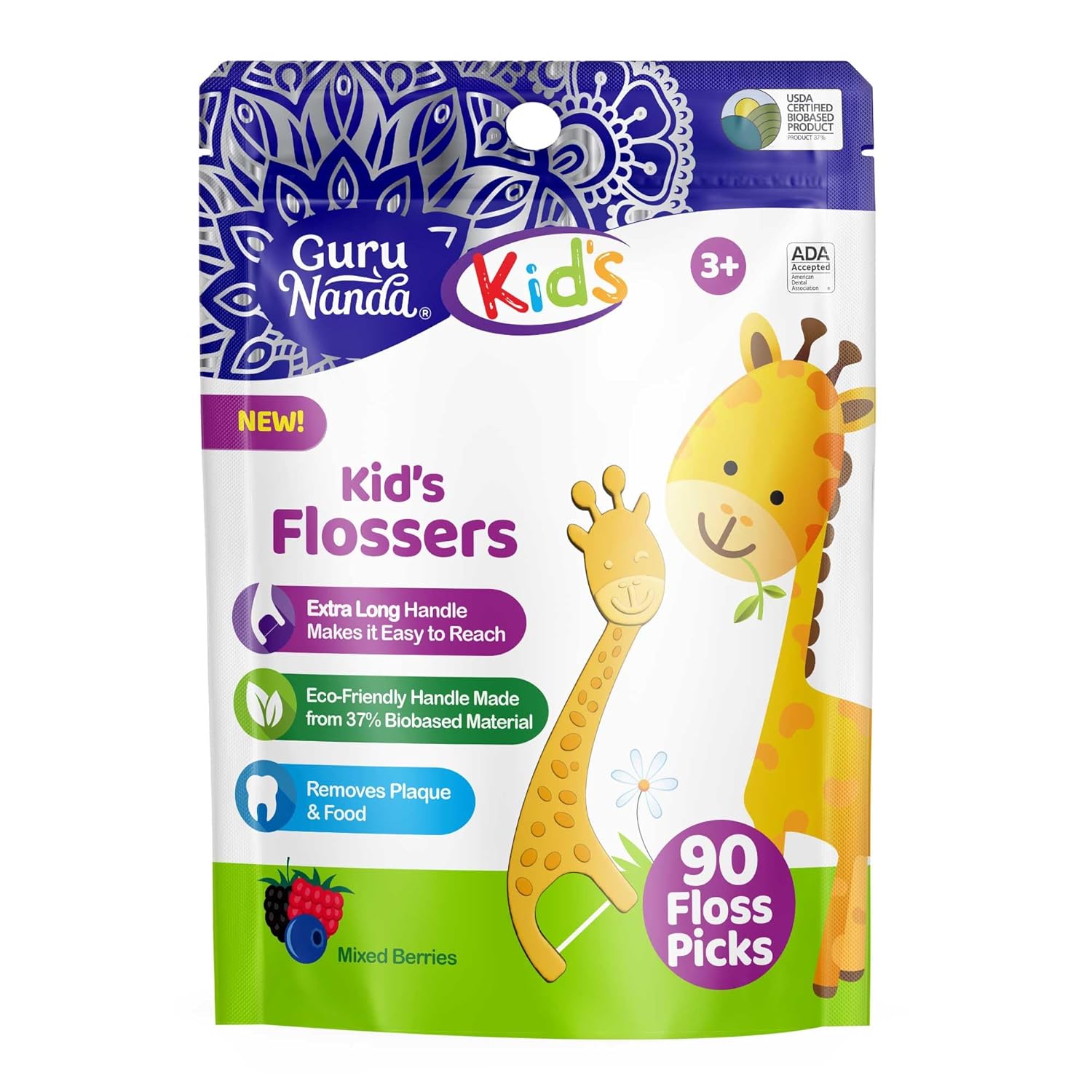 Gurunanda Dental Floss Picks For Kids, Extra-Long Giraffe-Shaped Picks With Fluoride, Anti-Slip & Shred-Resistant Design & Eco-Friendly Handle & Berry Flavor, Ideal For Ages 3+, 90 Count (Pack Of 1)